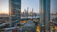 Financial center between two tall office buildings from a high viewpoint